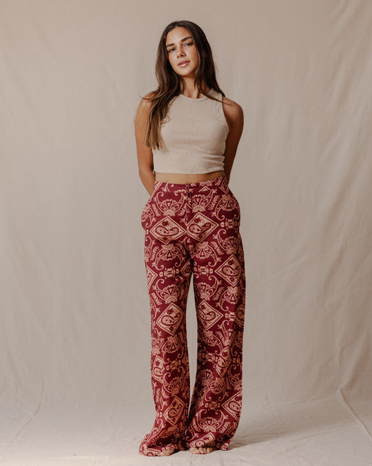Pantalon large en lin à motif cachemire