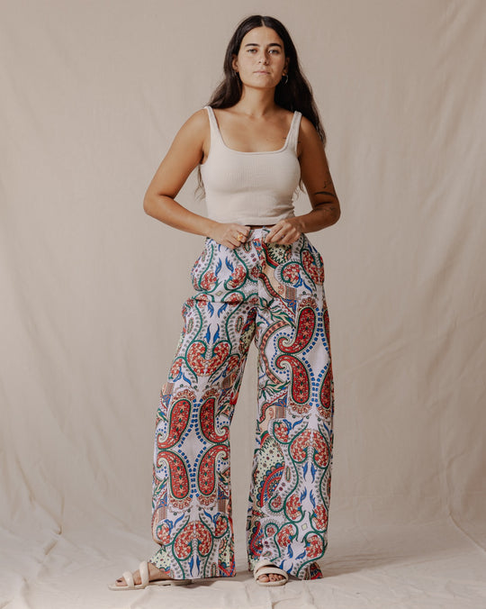 Pantalon large en lin à motif cachemire